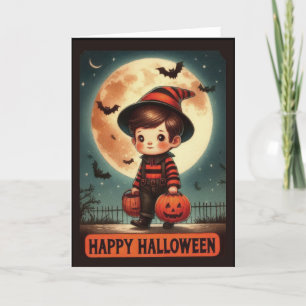 Schattige vintage kleine tovenaar jongen Halloween Feestdagen Kaart