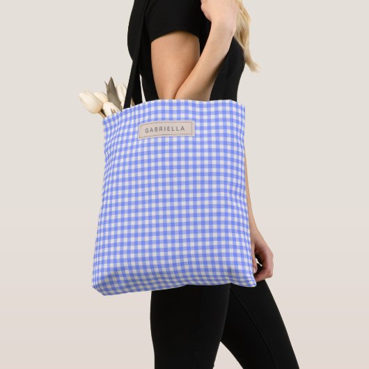 Schattige vintage periwinkle geruite stof geperson tote bag (Dichtbij)