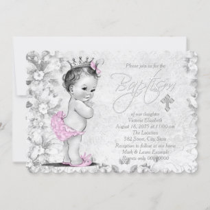 Schattige Vintage Prinses Roze en Grijs Doop Kaart