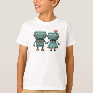 Schattige Vintage Robots in Liefde Koppel Kunst T-shirt