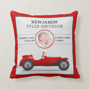 Schattige Vintage Rode Raceauto Baby Foto Geboorte Kussen