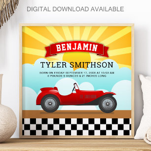 Schattige Vintage Rode Raceauto Baby Geboorte Stat Poster