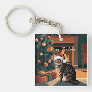 schattige vintage tabby kat kerstkaart sleutelhanger