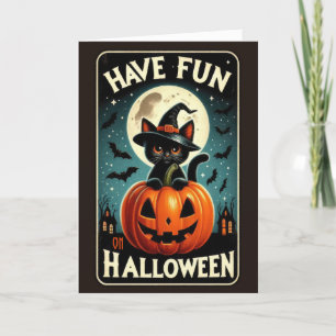 Schattige vintage zwarte kat in een pompoen Hallow Feestdagen Kaart