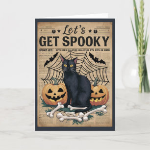 Schattige vintage zwarte kat wordt eng Halloween Feestdagen Kaart