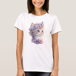 Schattige Violette Waterverf Kat met Flora T-shirt