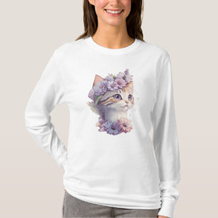 Schattige Violette Waterverf Kat met Flora T-shirt