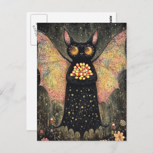 Schattige Vleermuis met Candy Corn Halloween Briefkaart (Voorkant / Achterkant)