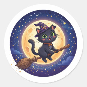 Schattige Vliegende Heks Zwarte Kat Maan Halloween Ronde Sticker