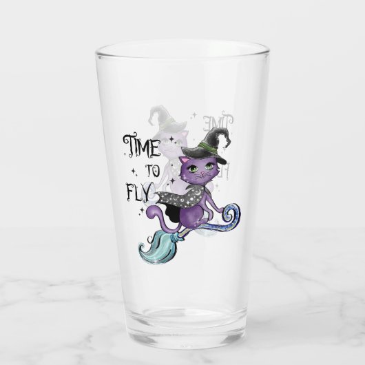 Schattige Vliegende Heksenkat | Tijd om te Vliegen Glas (Achterkant)
