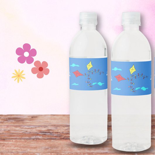 Schattige vliegers rood geel naam kids verjaardags waterfles etiket