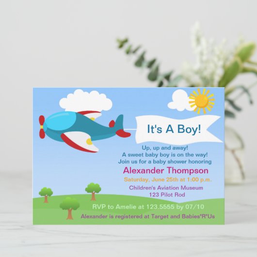 Schattige Vliegtuig Jongen Baby shower Uitnodiging (Staand voorkant)