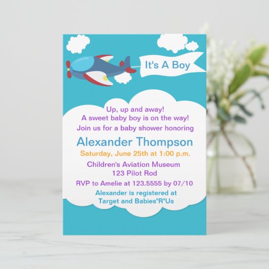 Schattige Vliegtuig Jongen Baby shower Uitnodiging (Staand voorkant)