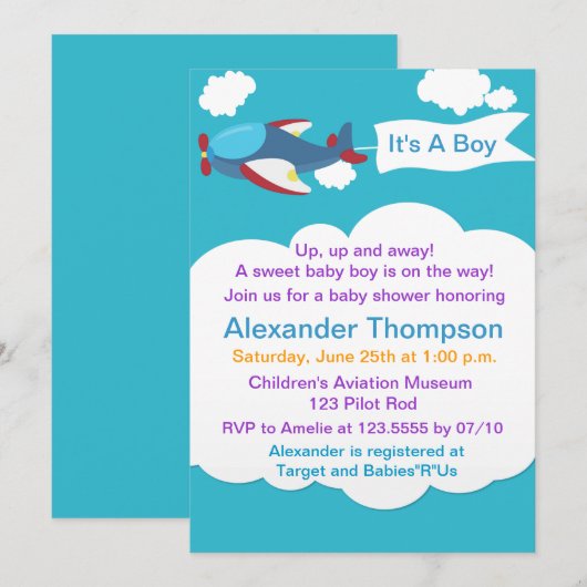 Schattige Vliegtuig Jongen Baby shower Uitnodiging (Voorkant / Achterkant)