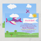 Schattige Vliegtuig Meisje Baby shower Uitnodiging (Voorkant / Achterkant)