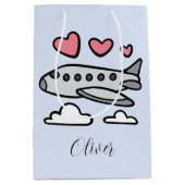 Schattige vliegtuig met rode harten en witte wolke medium cadeauzakje (Voorkant)