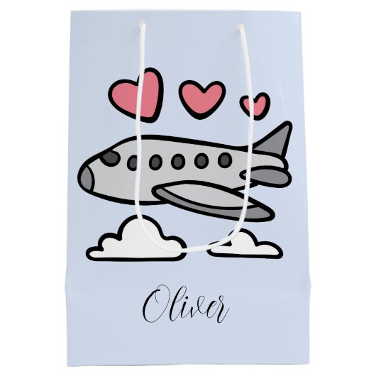 Schattige vliegtuig met rode harten en witte wolke medium cadeauzakje (Achterkant)