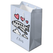 Schattige vliegtuig met rode harten en witte wolke medium cadeauzakje (Achterkant Gekanteld)