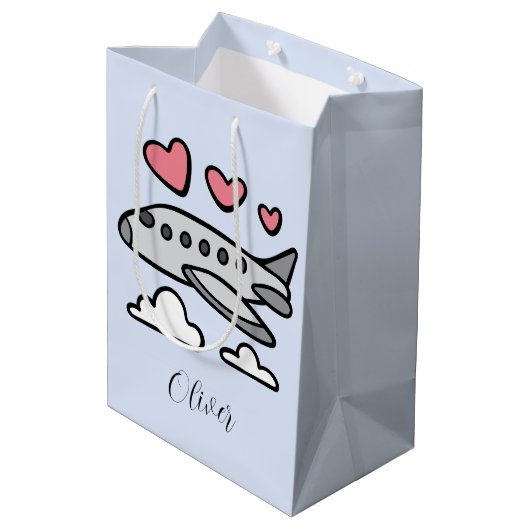 Schattige vliegtuig met rode harten en witte wolke medium cadeauzakje (Achterkant Gekanteld)