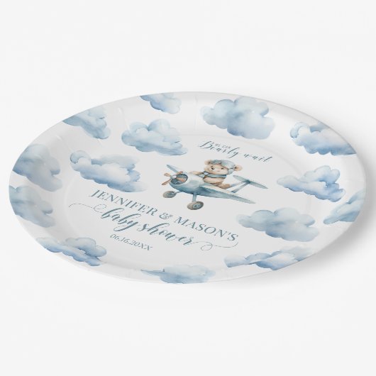 Schattige vliegtuig teddybeer baby shower papier b papieren bordje (Gekanteld)