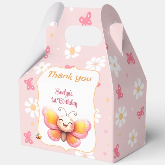 Schattige Vlinder Roze Bloemen Meisje 1e Verjaarda Bedankdoosjes (Voorkant)