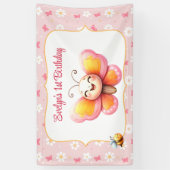 Schattige Vlinder Roze Bloemen Meisje 1e Verjaarda Spandoek (Verticaal)