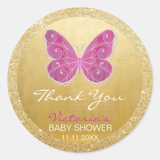 Schattige vlinder roze gouden glitter Baby shower Ronde Sticker (Voorkant)