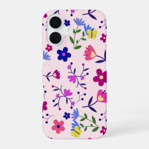 Schattige Vlinders en Bloemen op Roze iPhone 16 Hoesje