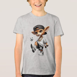 Schattige Voetbalgiraffe Kinderen Tri-Blend Shirt