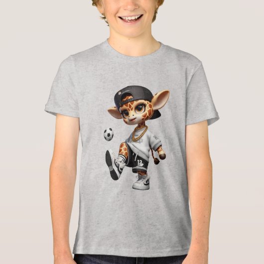 Schattige Voetbalgiraffe Kinderen Tri-Blend Shirt (Voorkant)