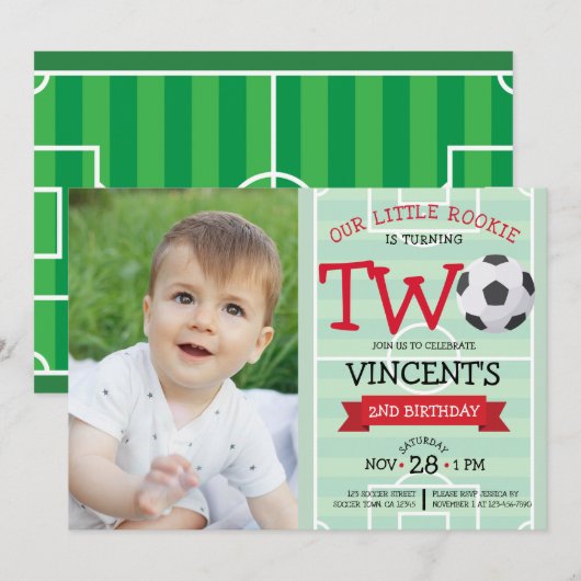 Schattige voetbalveld & lint Foto 2e verjaardag Kaart (Voorkant / Achterkant)