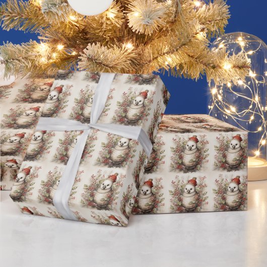 Schattige Vogel Dragen Rood Pet in Holly Struik Cadeaupapier (Feestdagen)