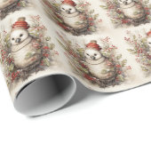 Schattige Vogel Dragen Rood Pet in Holly Struik Cadeaupapier (Rol Hoek)