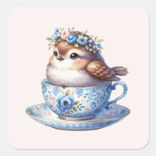 Schattige vogel in bloemige theekop Cottagecore Ku Vierkante Sticker