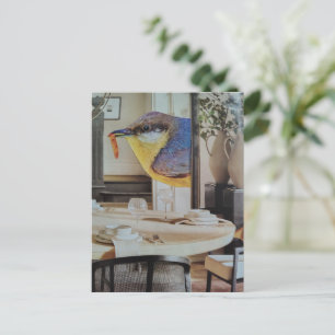 schattige vogel in de eetkamer surreële collage ku briefkaart