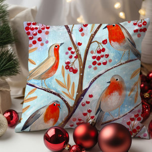 Schattige Vogel Rode Roodborst Blauwe Kerst Famili Kussen
