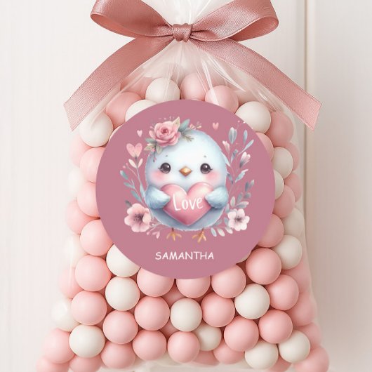 Schattige Vogel Roze Hart Liefde Gelukkige Valenti Ronde Sticker