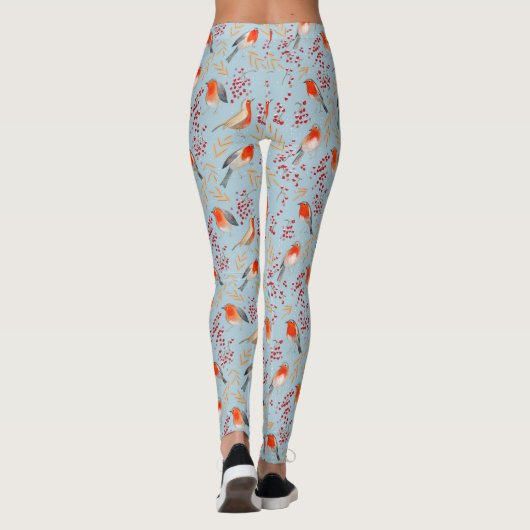 Schattige Vogelblauw Robin Winterkerstpatroon Leggings (Achterkant)