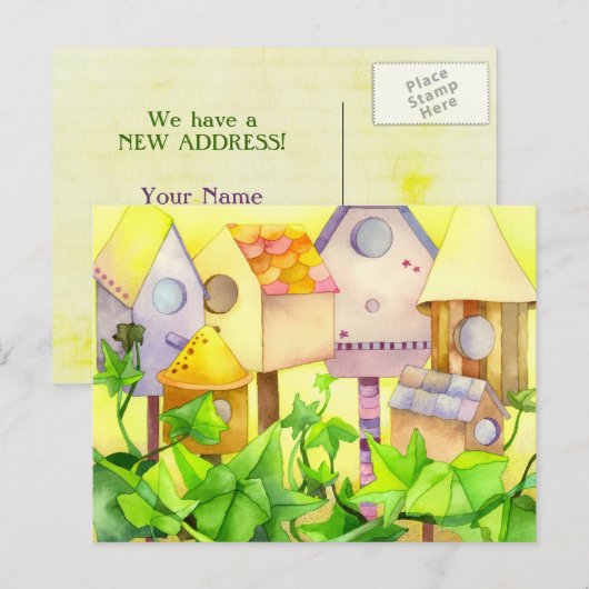 Schattige Vogelhuis Nieuw Huis Aankondigingskaart (Voorkant / Achterkant)