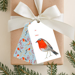 Schattige vogelrood robin blauw patroonkerstvakant cadeaulabel