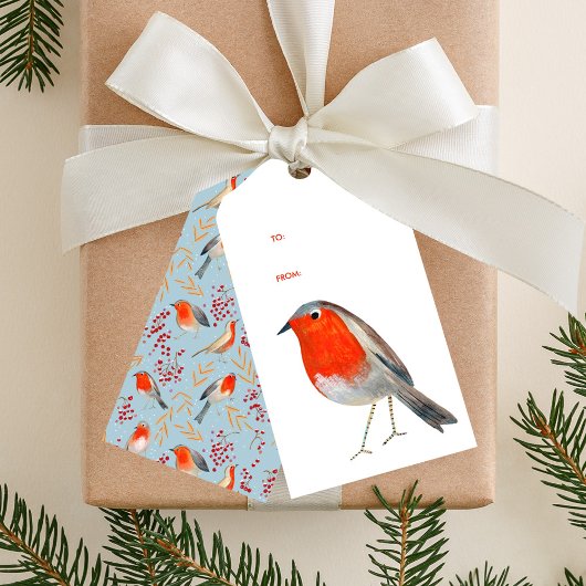 Schattige vogelrood robin blauw patroonkerstvakant cadeaulabel