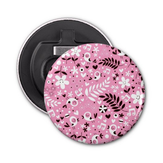 schattige vogels en roze bloemen button flesopener (Voorkant)