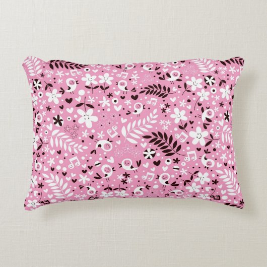 schattige vogels en roze bloemen decoratief kussen (Voorkant)
