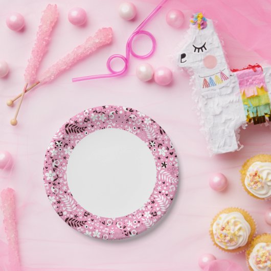 schattige vogels en roze bloemen papieren bordje (Feest)