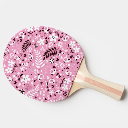 schattige vogels en roze bloemen tafeltennisbatje (Zijkant)