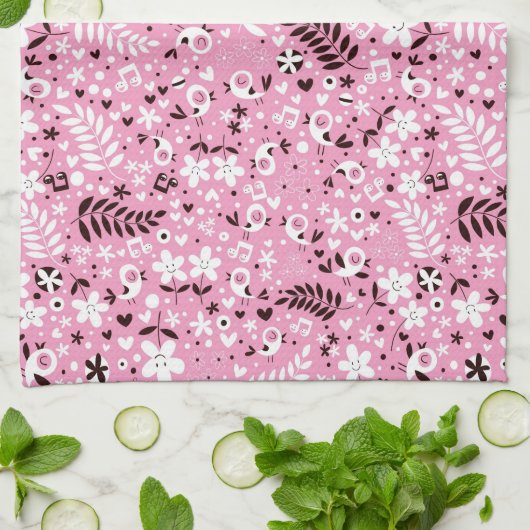 schattige vogels en roze bloemen theedoek (Gevouwen)