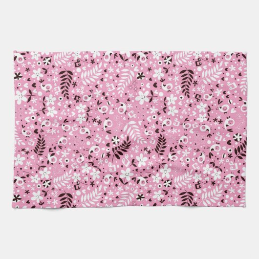 schattige vogels en roze bloemen theedoek (Horizontaal)