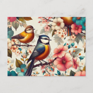 Schattige vogeltje met bloemdoorbraak op boomkleur feestdagenkaart