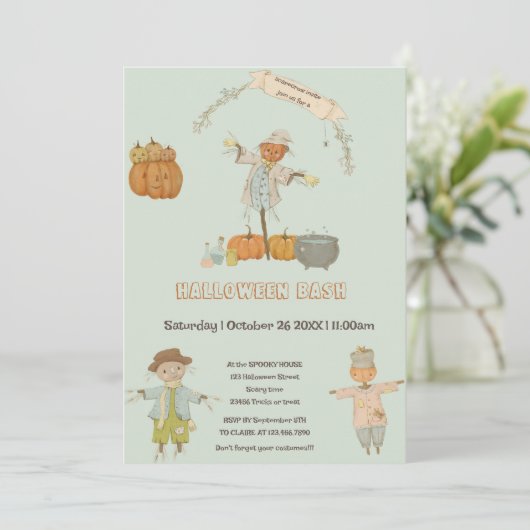 Schattige  vogelverschrikker Halloween Bash Kaart (Staand voorkant)