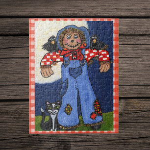 Schattige volks kunst vogelverschrikker kat kraaie legpuzzel